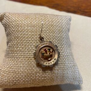 Vintage 14k Yellow Gold Happy Easter Flower Basket Charm with 3 Stones Green Red